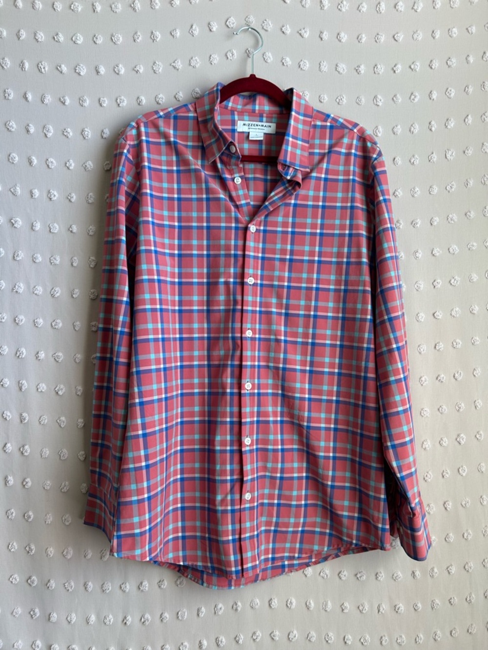 Mizzen + Main Leeward Long Sleeve‎ Dress Shirt  Plaid Sz L Pink Blue